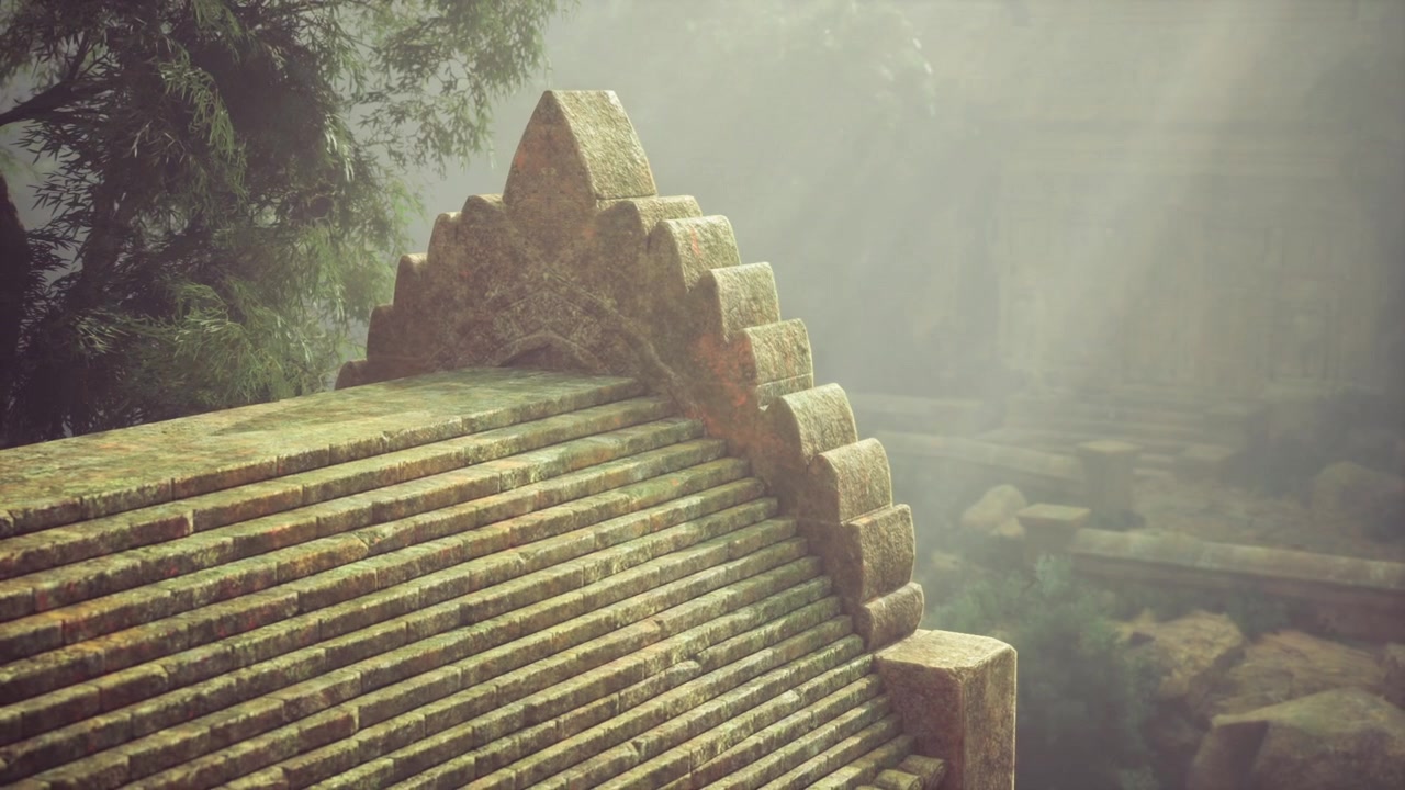 鬱蒼とした植物の覆いが、朽ちた歴史的建造物を完全に覆い隠している