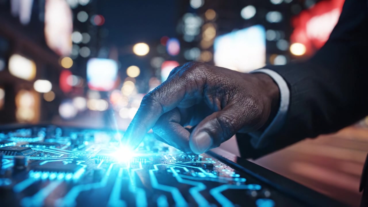 Illuminated Circuit Board Displayed in Urban Nightscape with a Human Hand Interacting, Showcasing the Intersection of Technology and Daily Life