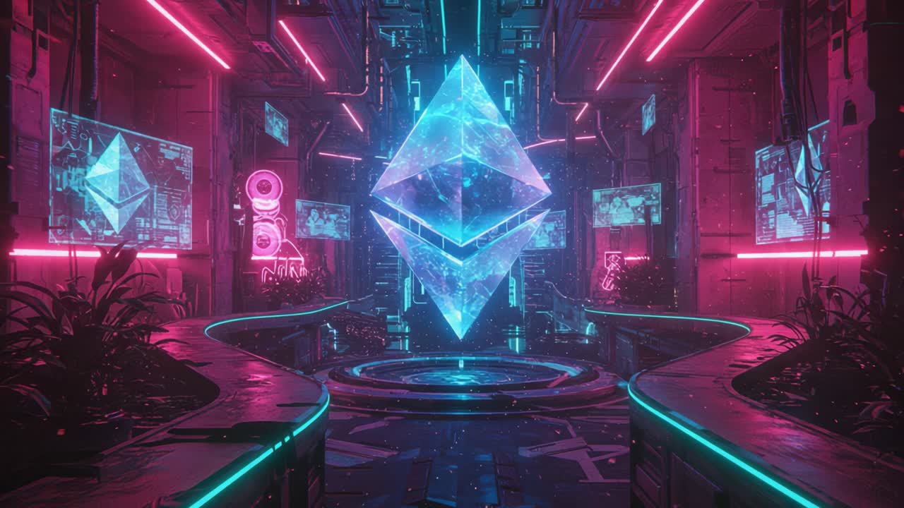 A Glowing Ethereal Pyramid in a Futuristic Cyberpunk Environment Surrounded by Neon Lights and Screens Displaying Technological Imagery
