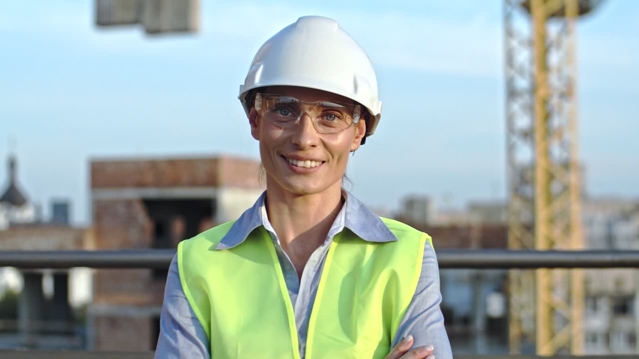 Close up of the young pretty Caucasian woman constructor in hardhat and goggles looking straight to the camera and smiling happily outdoors at the building site. Portrait.