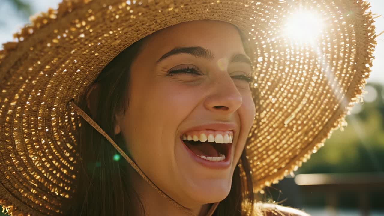 A Joyful Moment in Nature: A Radiant Young Woman Wearing a Straw Hat, Laughing Brightly as the Sunlight Shines Through, Capturing Pure Happiness and Serenity in a Beautiful Outdoor Setting
