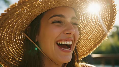 a joyful moment in nature: a radiant young woman wearing a straw hat, laughing brightly as the sunlight shines through, capturing pure happiness and serenity in a beautiful outdoor setting