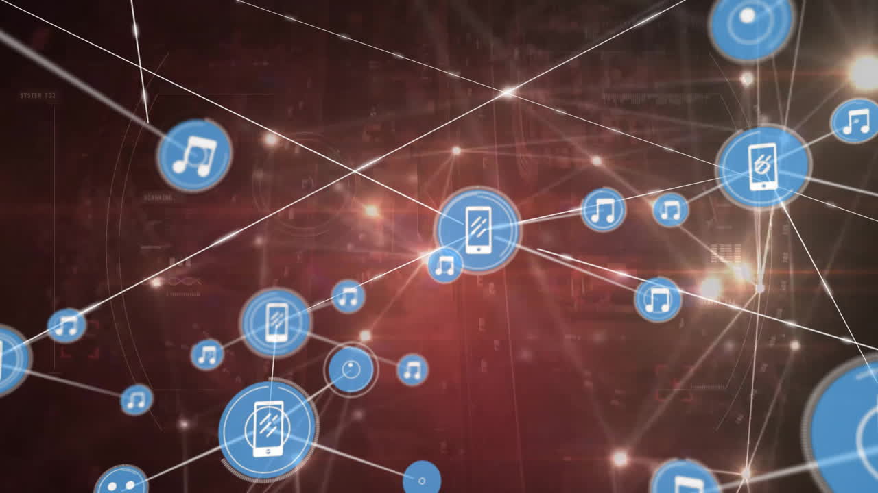 검은색 배경에 아이콘과 빛 반점이 있는 연결 네트워크의 애니메이션