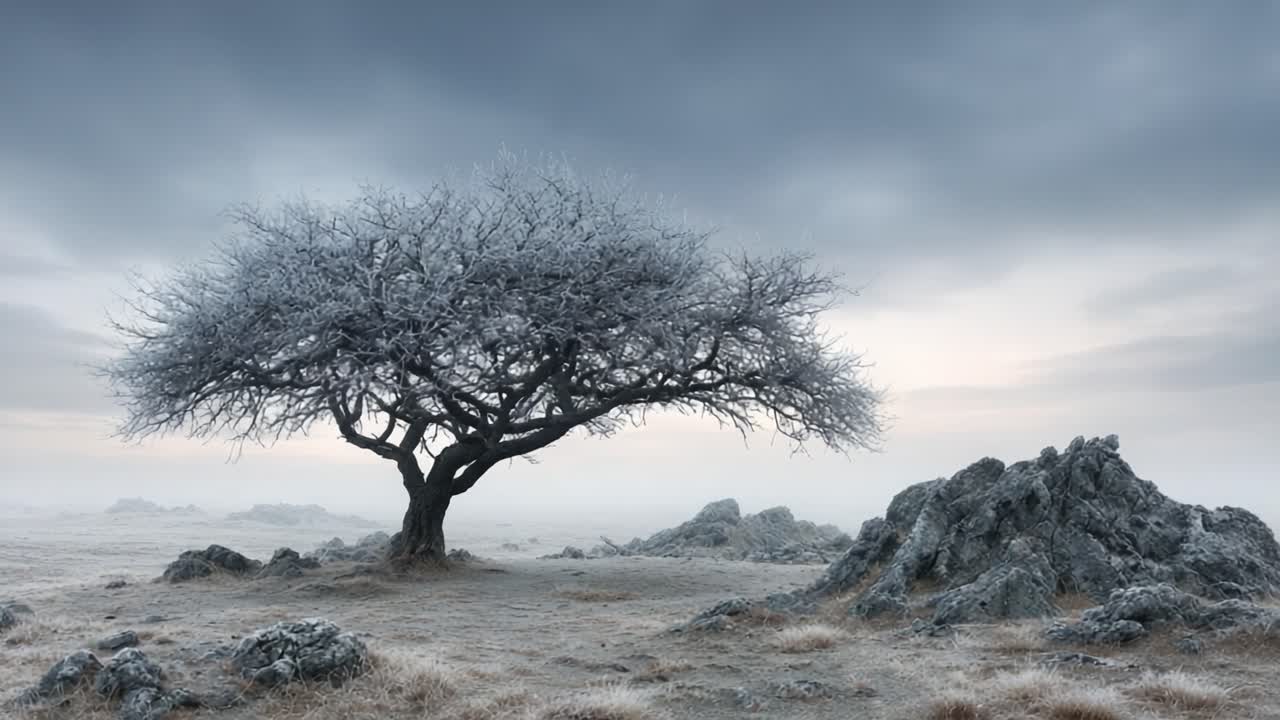 A solitary frozen tree stands resilient amidst a misty landscape, showcasing the beauty and starkness of nature in the depths of winter's chill and solitude