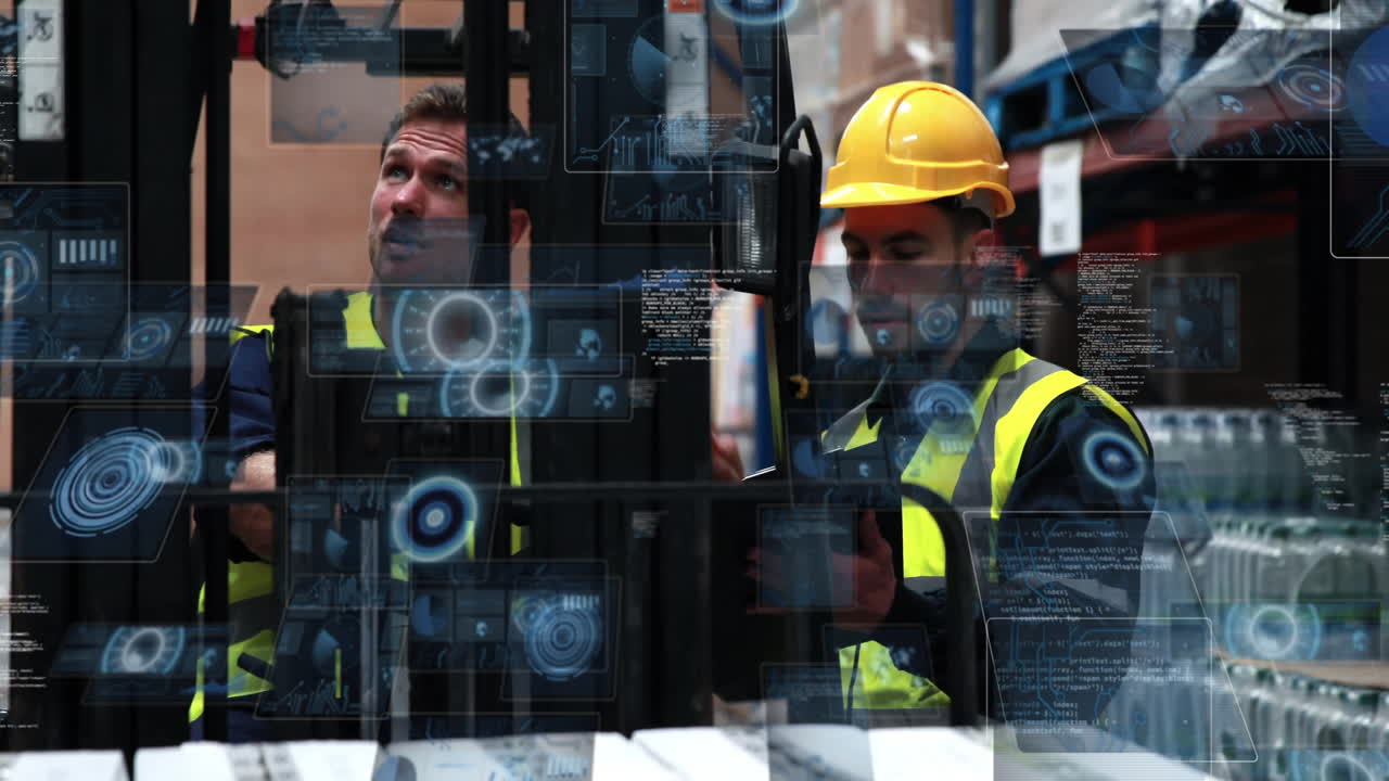 Operating forklift with digital interface, workers in safety gear in warehouse