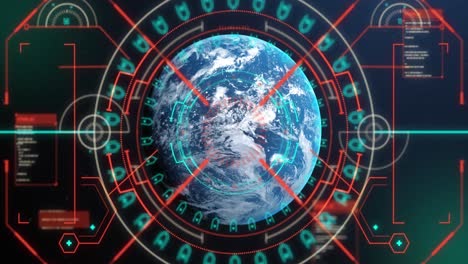 digital interface with data processing and scope scanning over globe on blue background