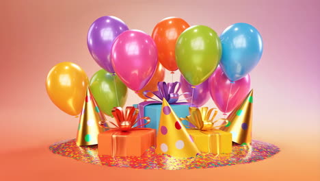 vibrant party celebration with colorful balloons, gifts, and confetti