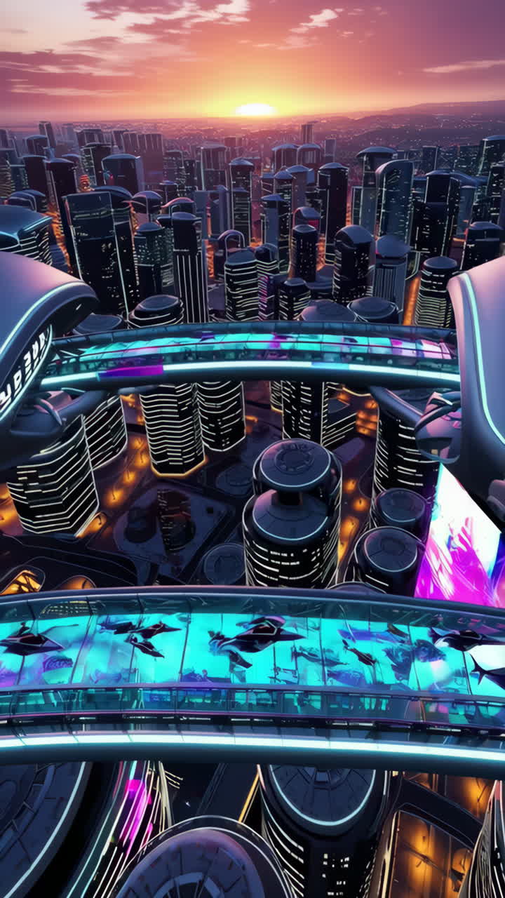 해가 지는 미래의 도시 풍경