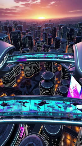 paisaje urbano futurista al atardecer