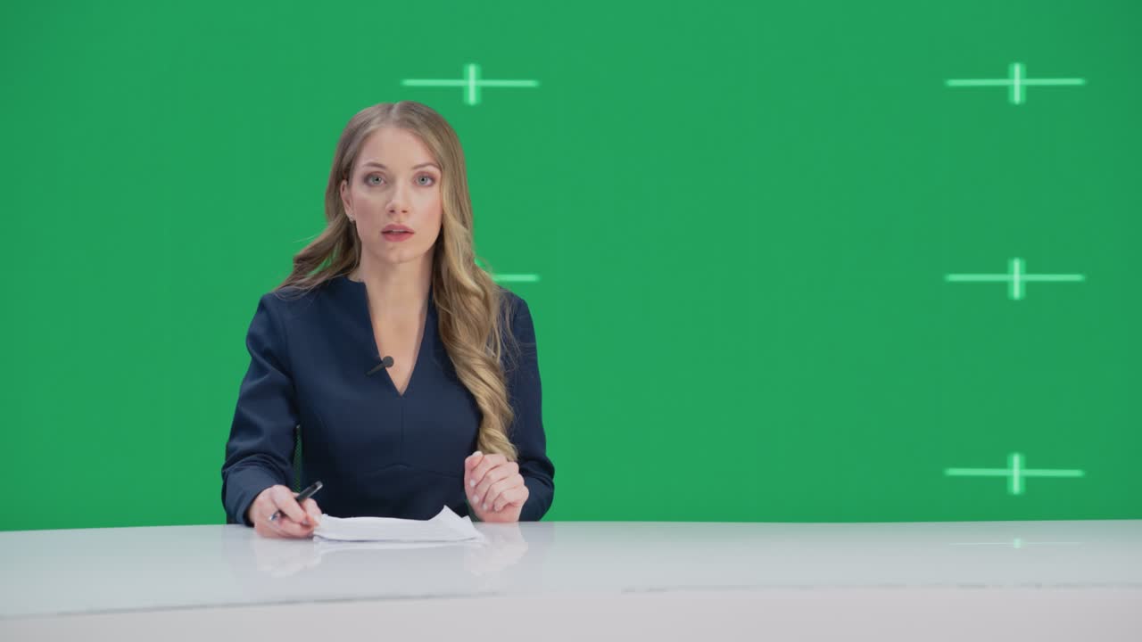 Newsroom TV Studio Live News Program with Green Screen Background: Professional White Female Presenter Reporting, Talking. Television Cable Channel Anchorwoman. Network Broadcast Mock-up Playback