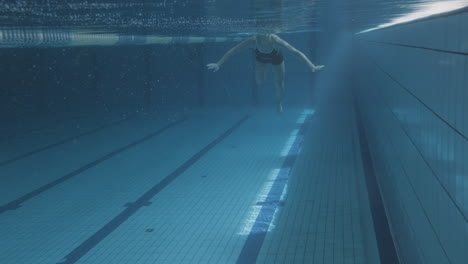 underwater shot of a young female swimmer crawling in an indoor pool