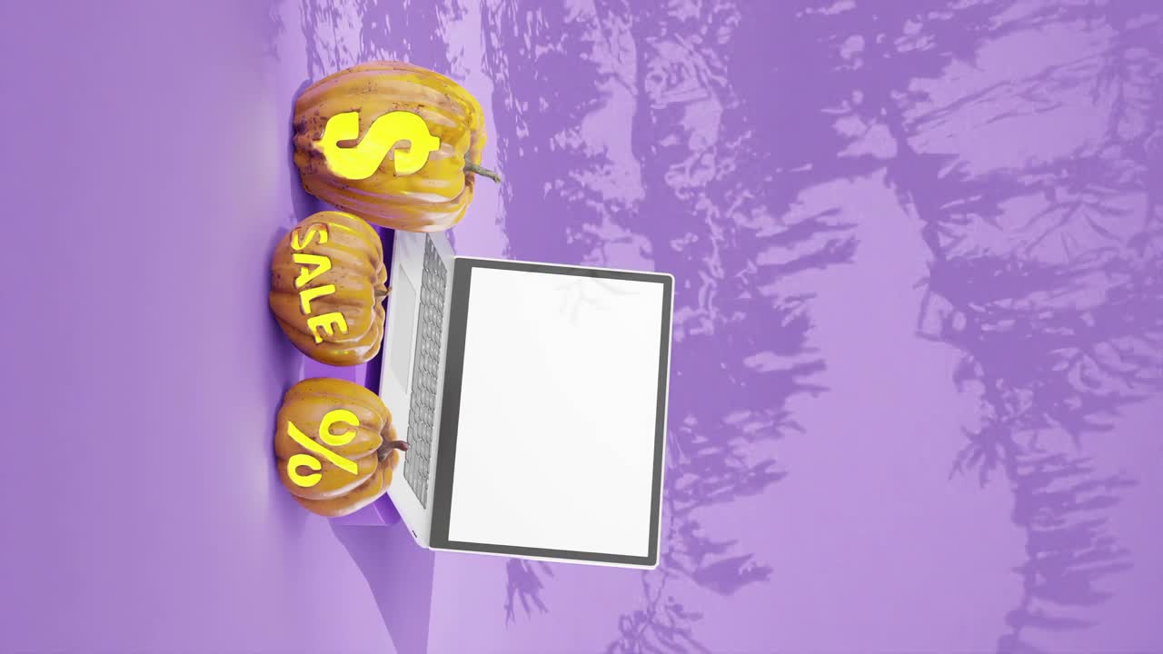 venta de otoño de calabaza, espacio en blanco en la pantalla del portátil para texto, fondo púrpura vertical, sombras de árboles