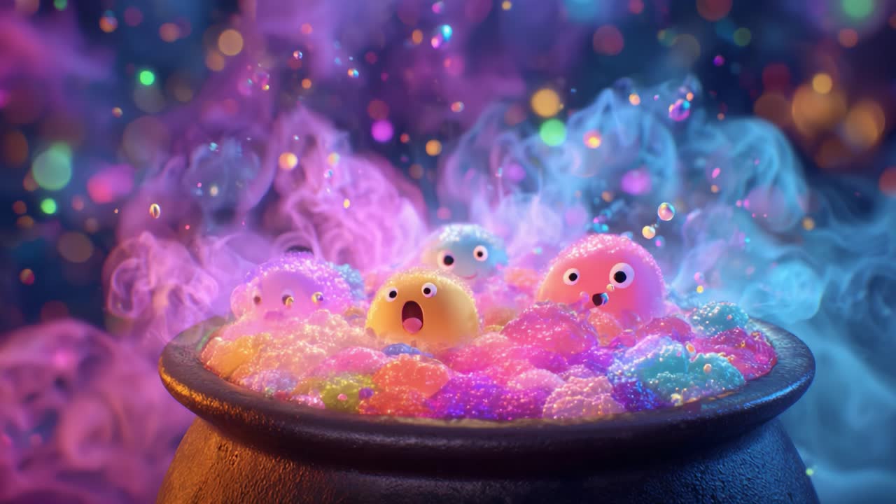 A Colorful Scene of Enchanted Creatures in a Magical Cauldron Surrounded by Whimsical Bubbles and Vibrant Mist in a Fantastical Environment