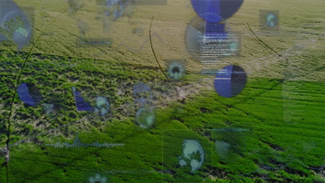 aerial view of green fields with digital data processing animation overlay