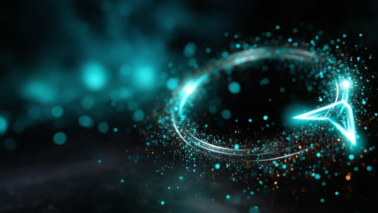 A mesmerizing display of glowing particles and a circular neon arrow, symbolizing motion and direction in a captivating digital landscape of blues and greens