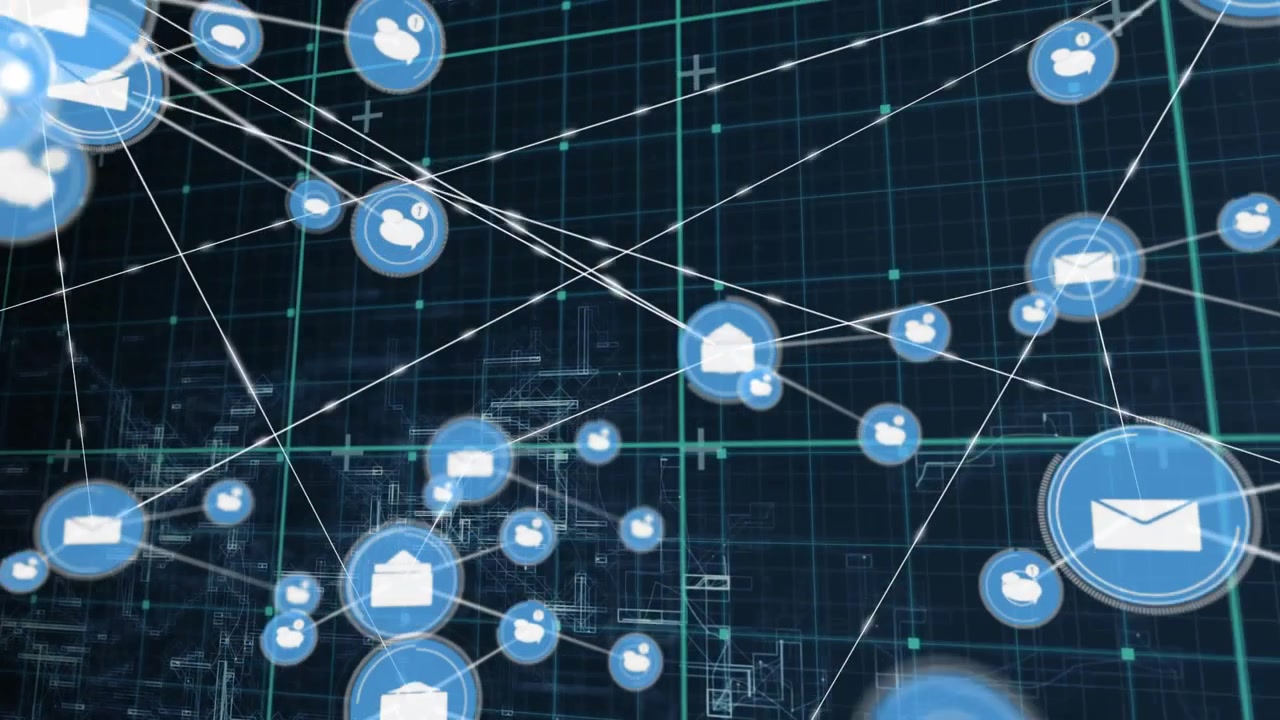 Central envelope spawning nodes and drawing white lines, camera pulling back showing data network