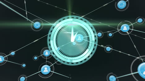 animación del reloj sobre la red de conexiones con iconos