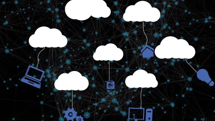 Animation of media icons and network of connections on black background