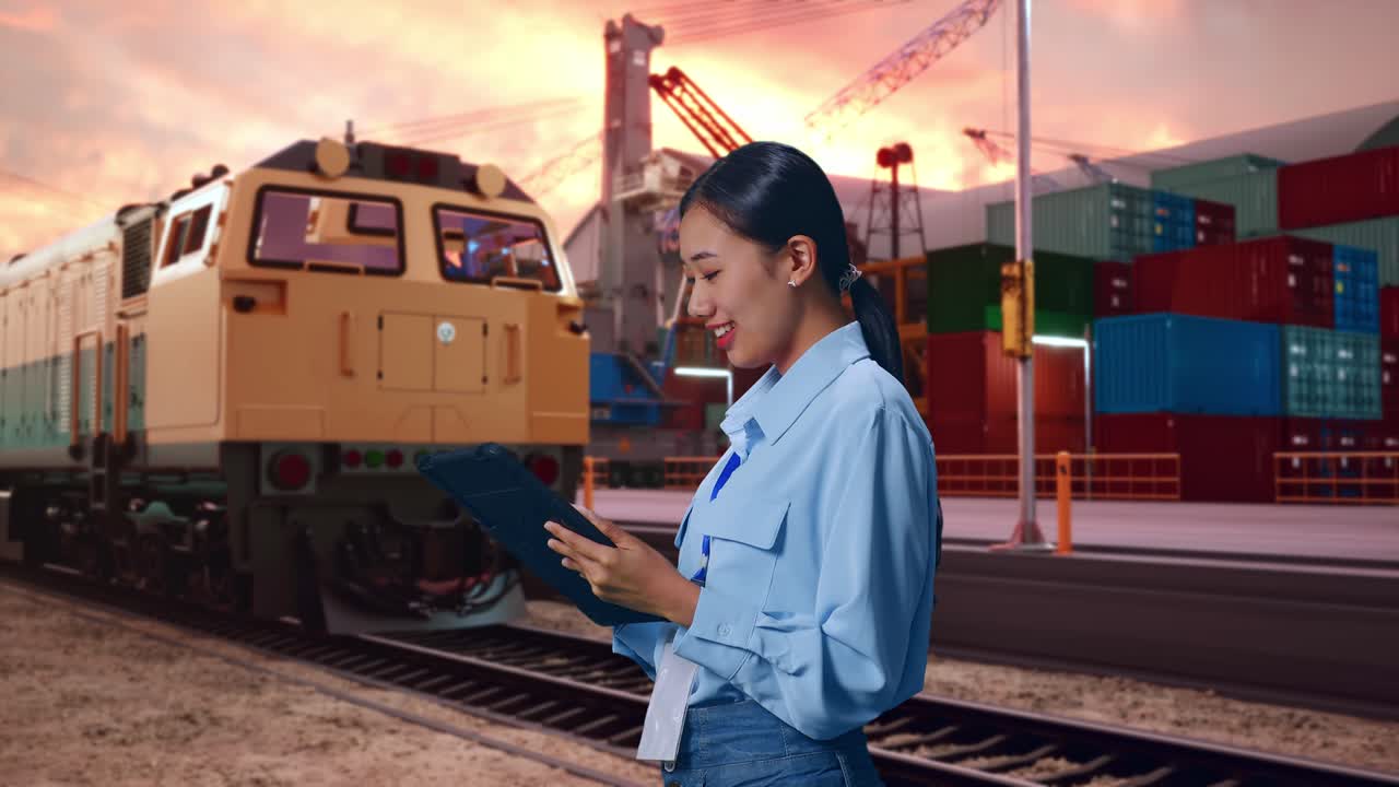 Side View Of Asian Female With Her Tablet With Freight Cargo Train At Port, Checking On Her Tablet With Meditation