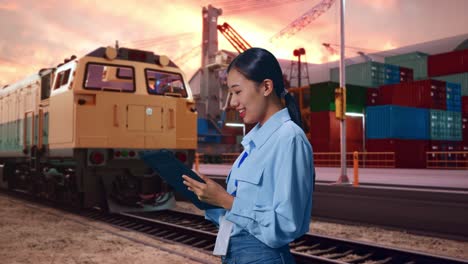 side view of asian female with her tablet with freight cargo train at port, checking on her tablet with meditation