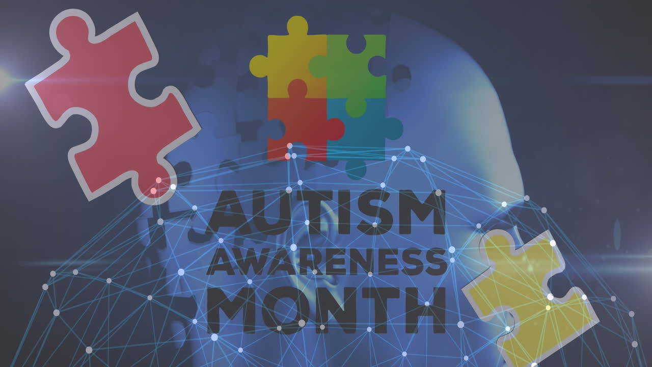 Animazione di pezzi di puzzle colorati, un globo e il testo "mese della consapevolezza sull'autismo"