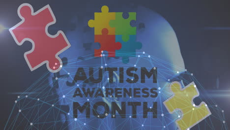 animation of colourful puzzle pieces, globe and autism awareness month text