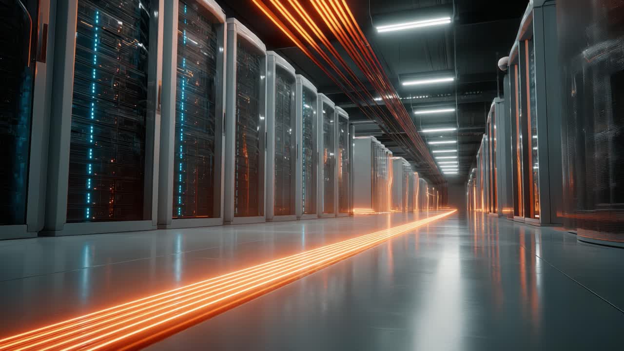 Udforskning af det højt avancerede datacentre med rækker af skinnende server racks og dynamiske lysspor, der repræsenterer højhastighedsdata, der flyder gennem et futuristisk miljø