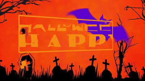 animation of happy halloween text over cemetery