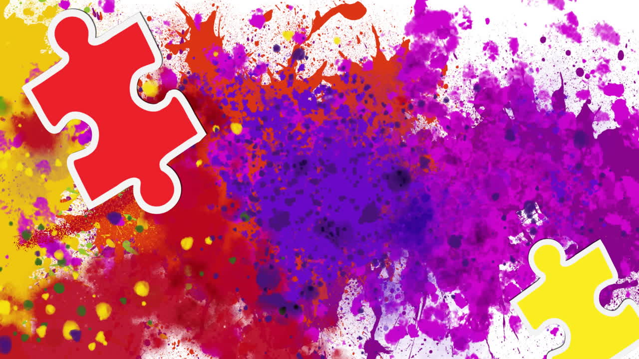 animación de un rompecabezas colorido sobre manchas coloridas
