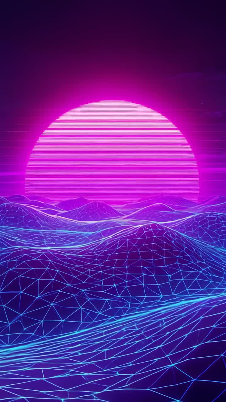 Vertical video: Showing magenta sun glitching at horizon on neon-blue grid at clip start, synthwave
