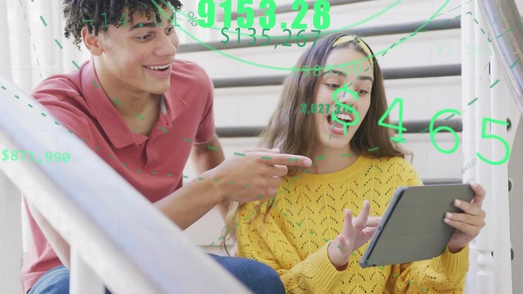 Man leaning, pointing at tablet, woman tapping on stairs, green graph overlaying checking funds