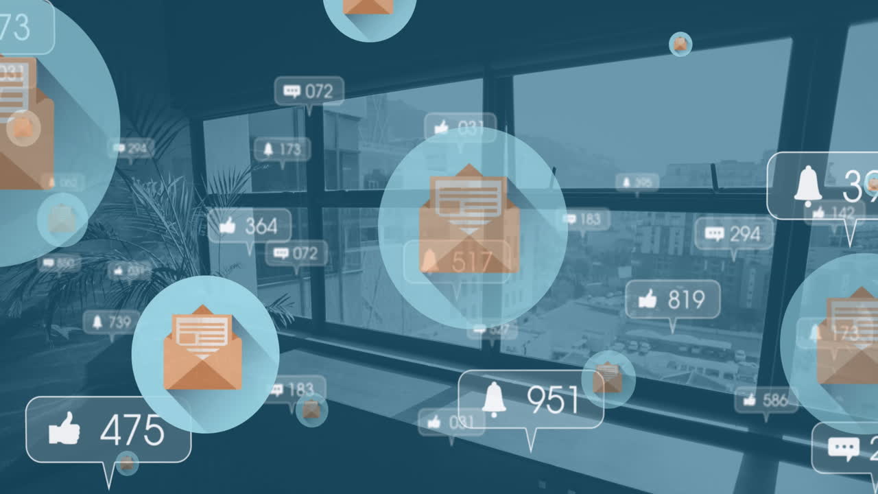 animación de iconos de redes sociales con números sobre el paisaje urbano