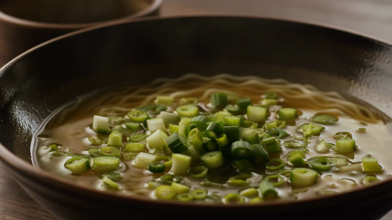 Bowl of ramen or noodles topped with fresh green onions