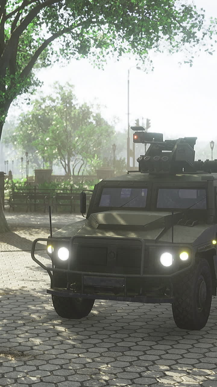 Military vehicle parked in a serene park on a bright sunny day