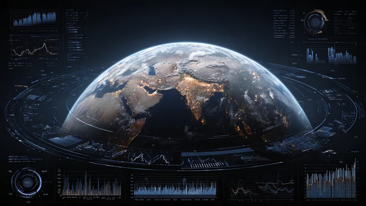 A Stunning Visualization of Earth from Space, Showcasing Data Analytics with Interactive Graphs and Global Lighting Patterns Overlaid on a Dark Background