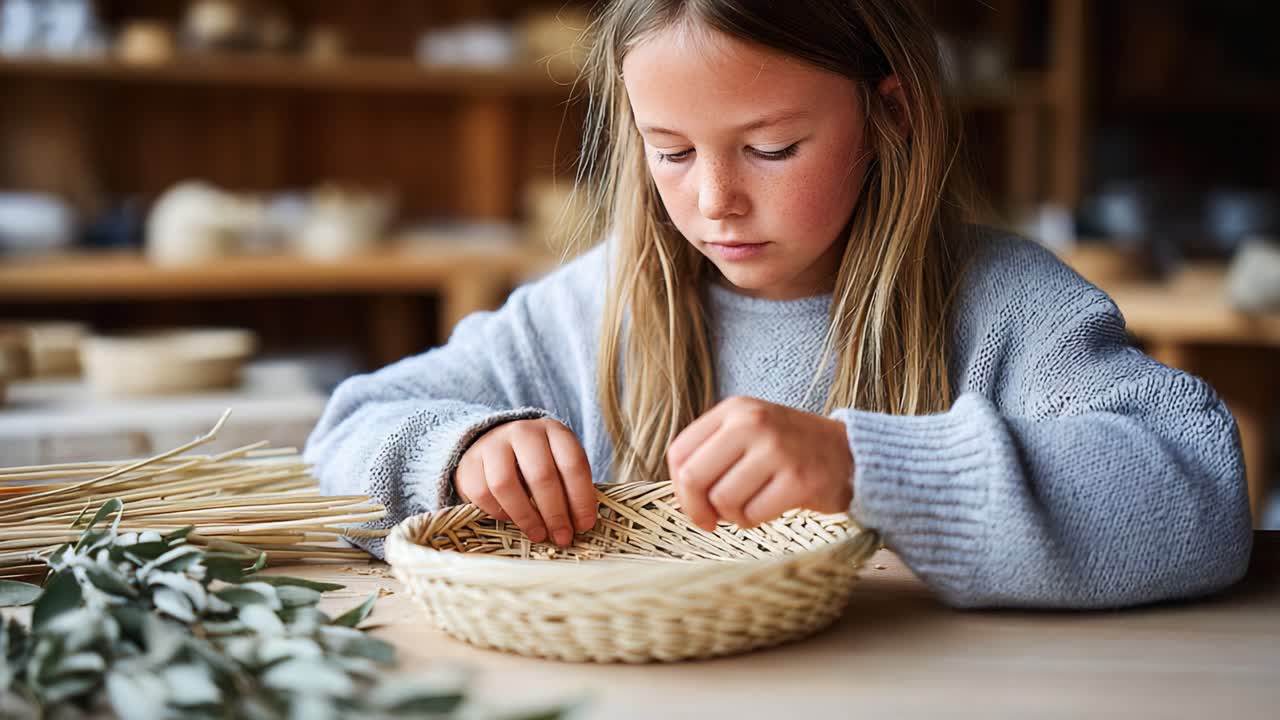 En ung flicka är skickligt engagerad i att tillverka en vävd korg med naturliga material och visar sin koncentration och konstnärliga talang