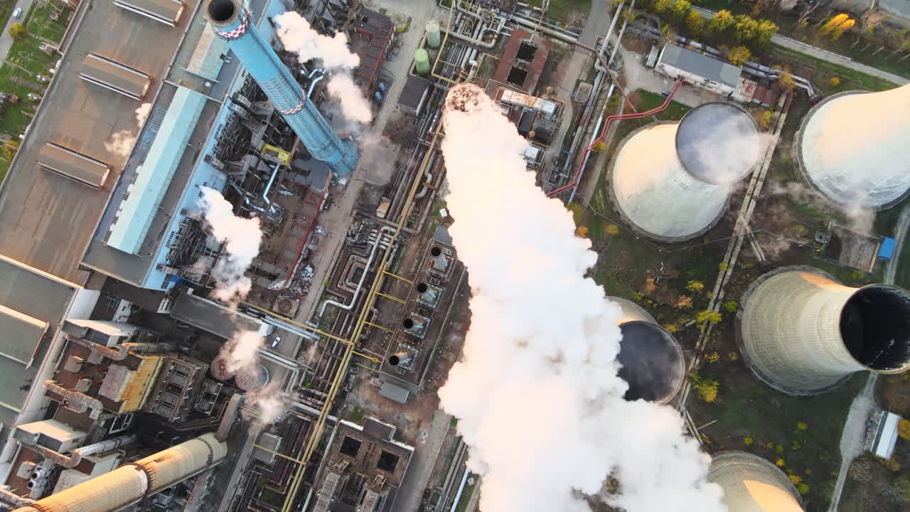 Power station with a lot of tubes and facilities in Bucharest at sunset, a lot of foam. View from the drone, top view. Romania