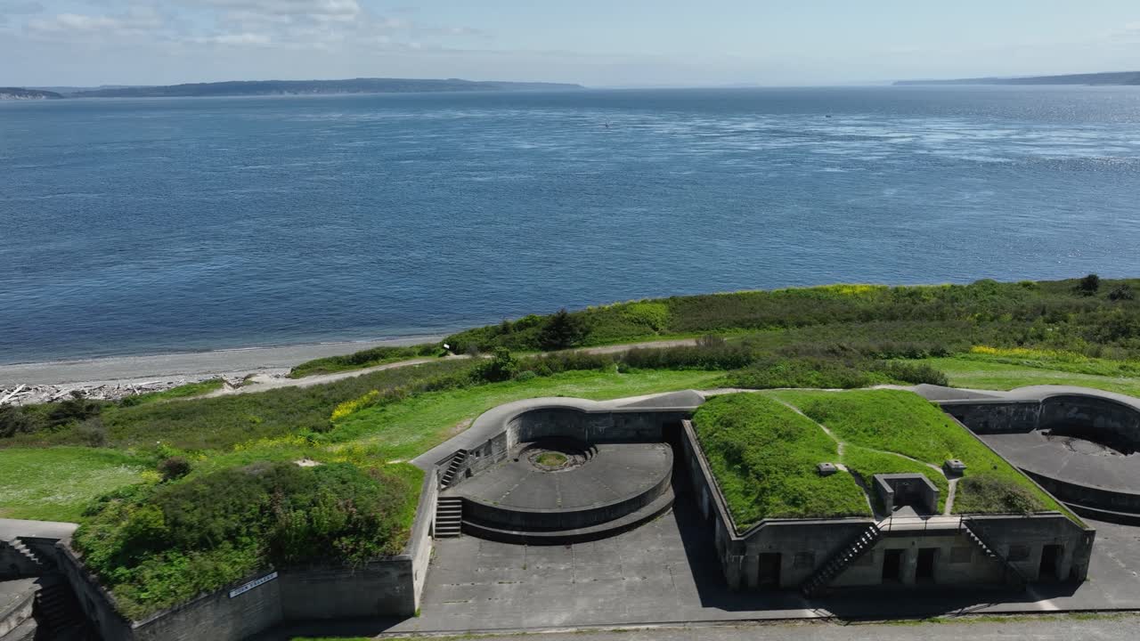 Drone shot over concrete bunkers at Fort Casey, Washington State.