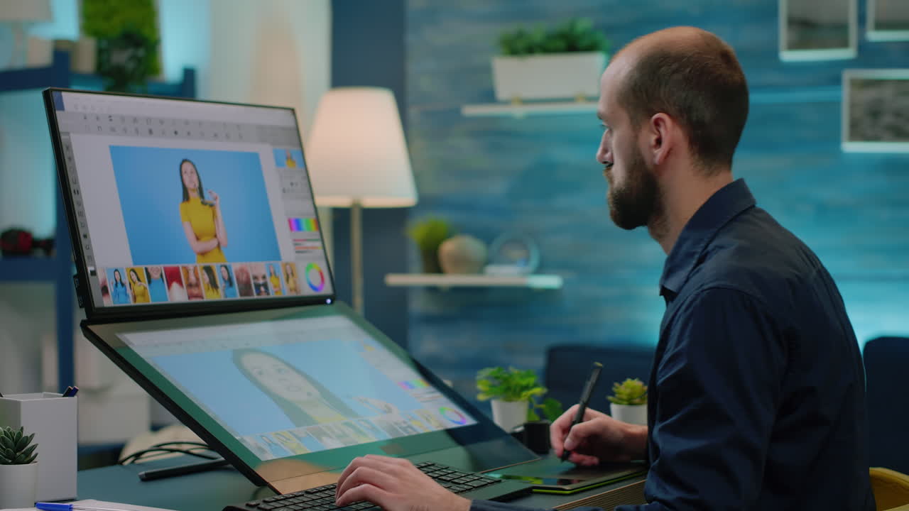 Photography artist editing photos with graphic tablet and stylus