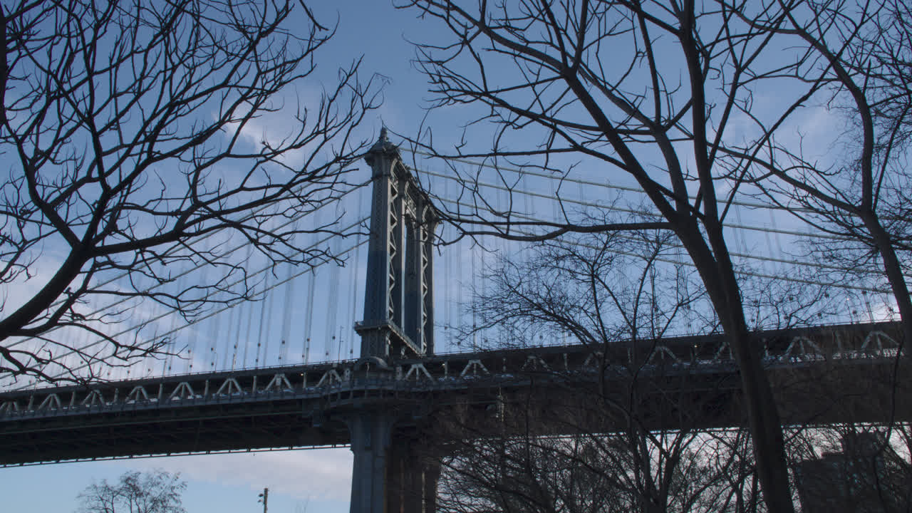 New York City's Manhattan Bridge. Shot against a blue sky on a winter day