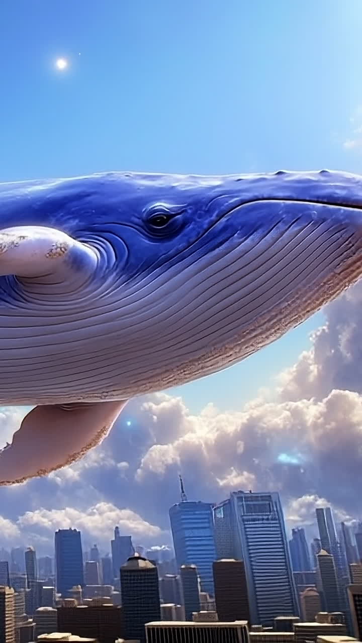 Whale soaring above a city skyline