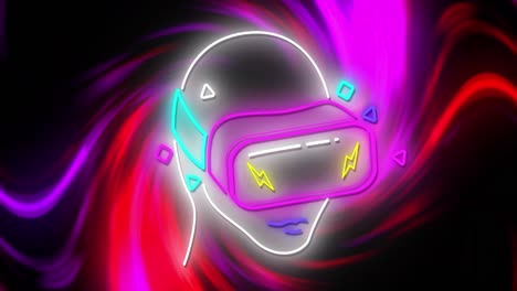 Animation-of-neon-woman-with-vr-headset-over-red-and-pink-shapes
