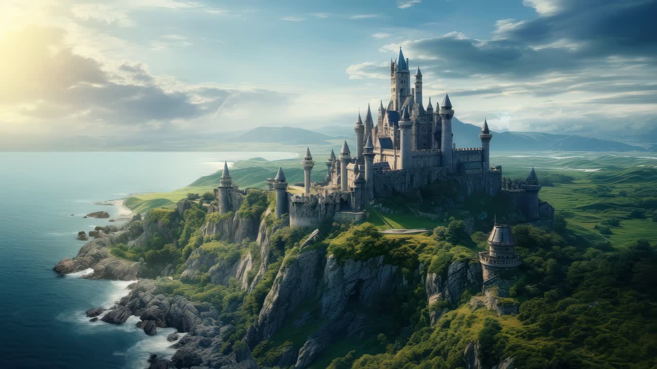 Maestoso castello su una scogliera, ripreso da un punto di vista ad angolo elevato, che mette in mostra un paesaggio fantasy