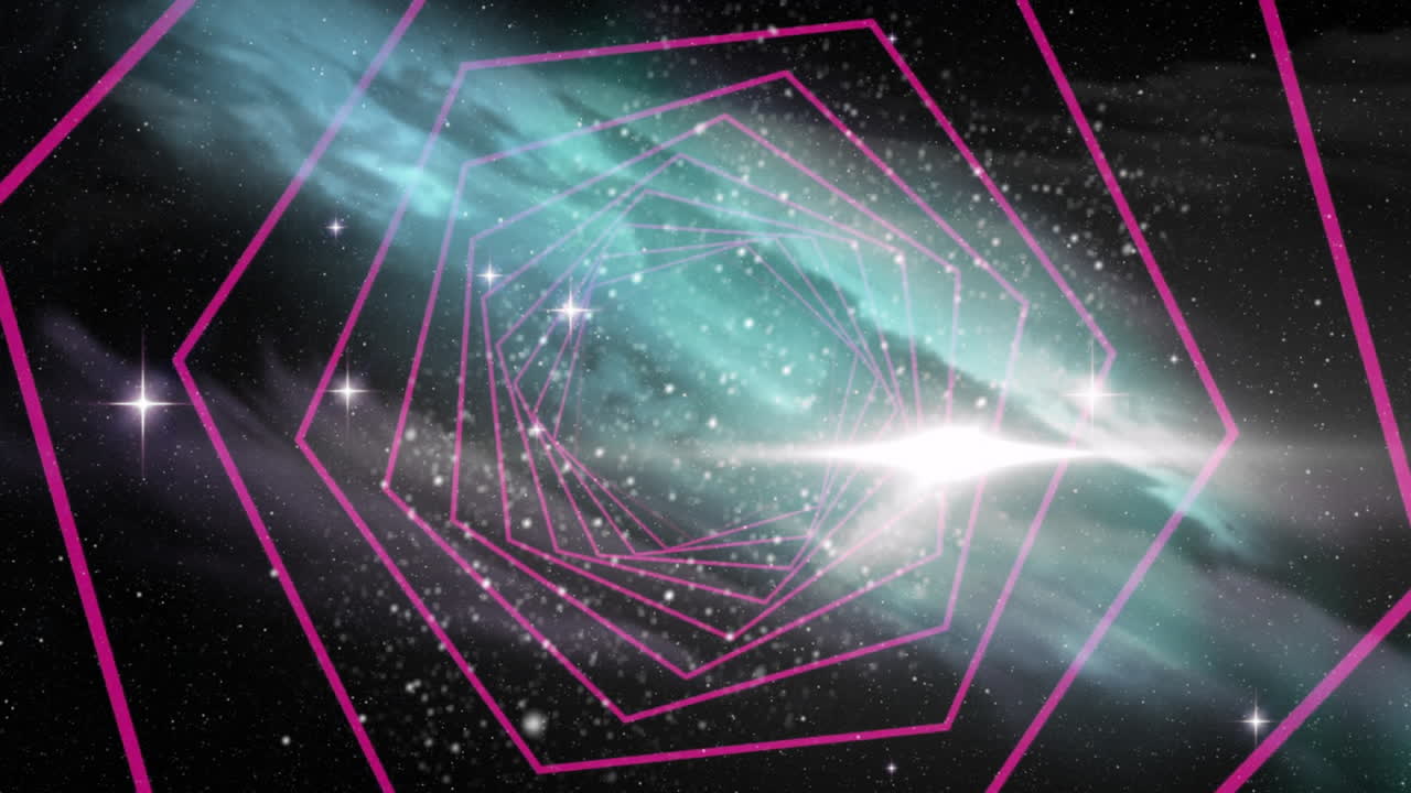 Hexagonal pink lines forming tunnel over galaxy background with animation effect