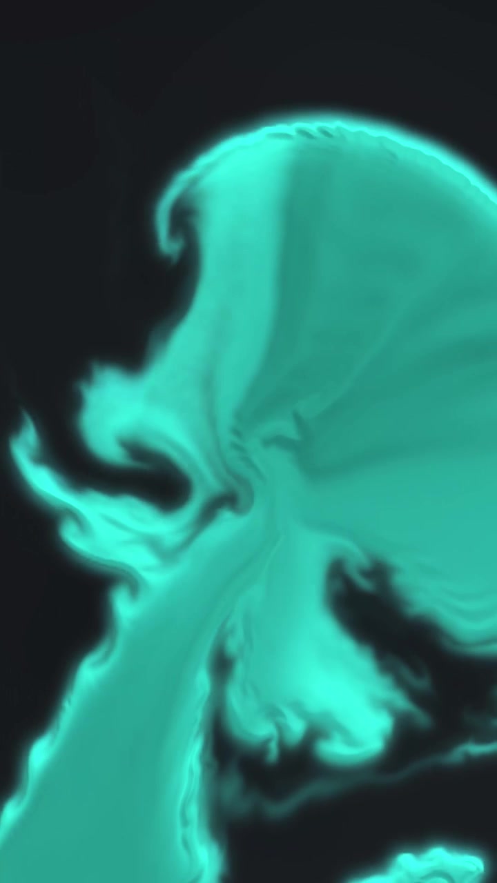 Polvere ciano e nuvole di fumo vorticano dinamicamente su uno sfondo scuro in formato verticale