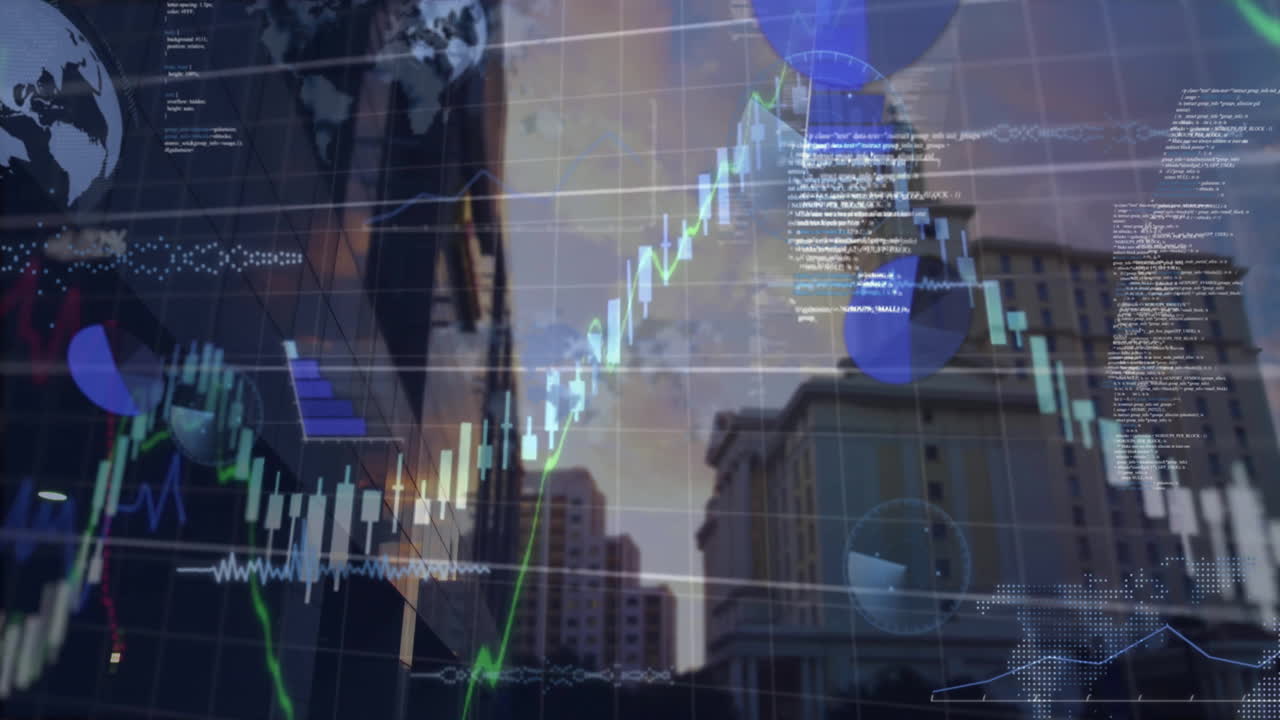 animación del procesamiento de datos financieros sobre el paisaje urbano
