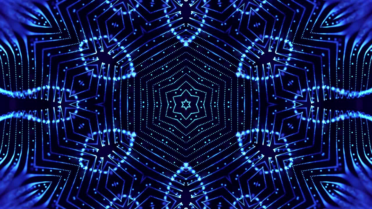 4k looped sci-fi 3d background with glow blue particles form lines, surfaces, complex symmetrical structures like star in kaleidoscope. Abstract theme of microworld or nanotechnology 23