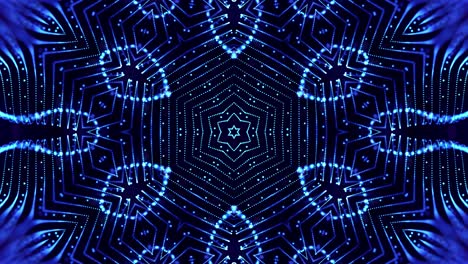 4k looped sci-fi 3d fondo con partículas azules brillantes forman líneas, superficies, estructuras simétricas complejas como estrellas en el caleidoscopio. tema abstracto de microworld o nanotecnología 23