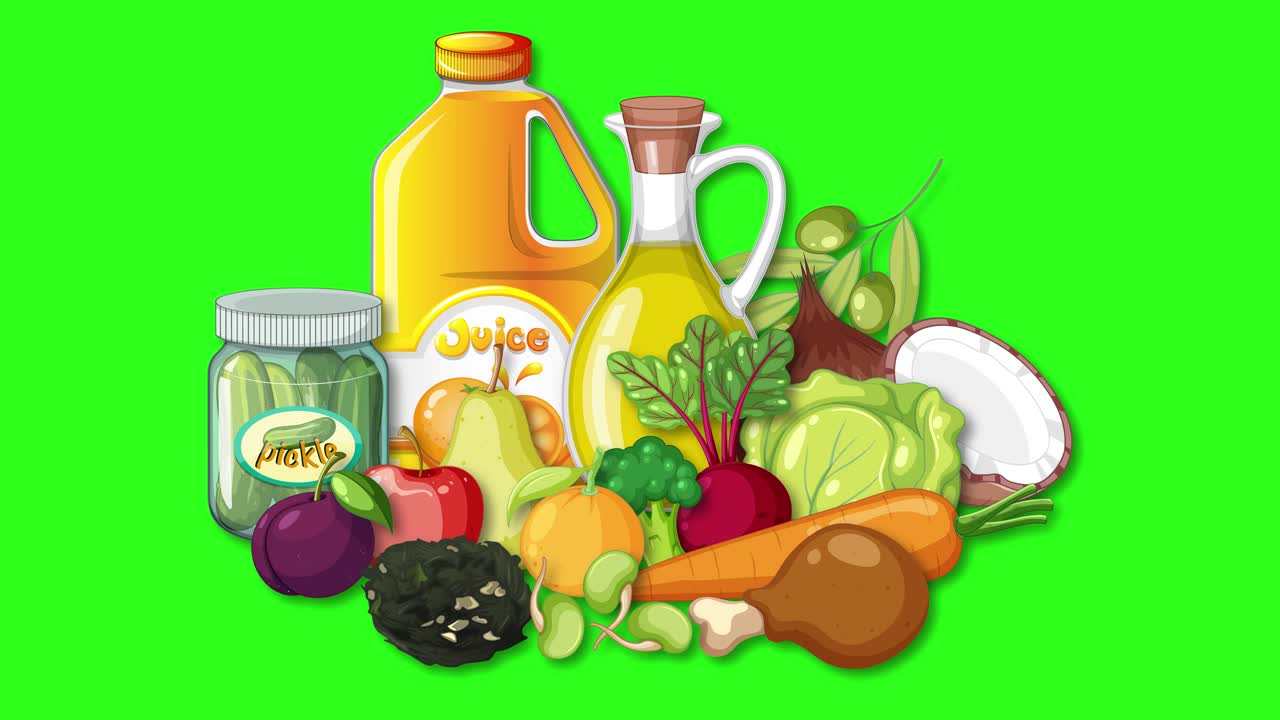 Various raw vegetables, fruits, and juice bottles smoothly assemble together on a vibrant green screen