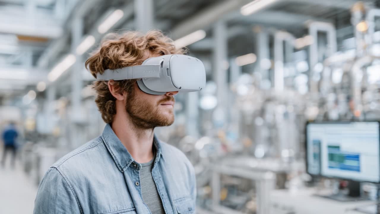 A man in a virtual reality headset explores immersive technology in a modern industrial setting, showcasing the integration of advanced digital experiences and machinery
